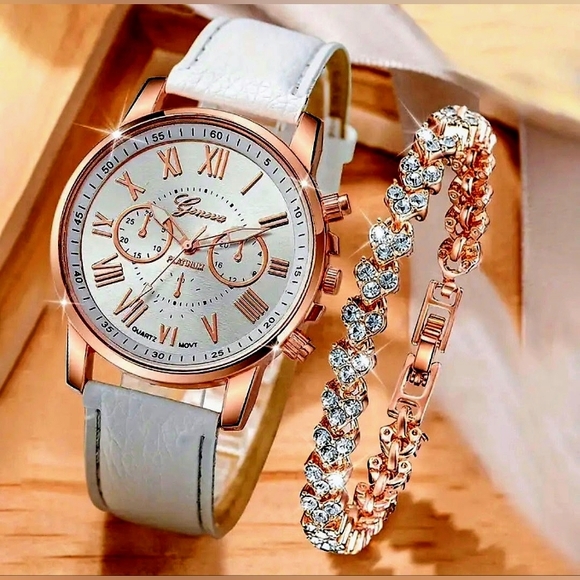 NEW! Rose Gold Plated Geneva Three Dial Dual Layered Watch & Bracelet Set~2 pcs - Picture 2 of 6